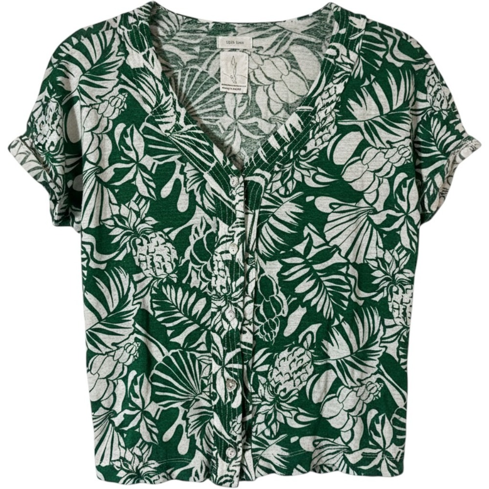 Joie Linen Button Up Top Small Tropical Botanical Green‎ White Short Sleeve